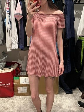 Brandy Blu Pink Striped Off-Shoulder Mini Dress